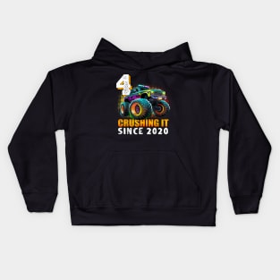 Monster Truck 4 Year Old Boys 4th Birthday Party Born 2020 Kids Hoodie